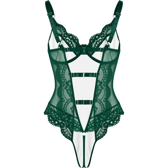 Lilosy Black Leather Push Up Lace Sheer Underwire Corset Lingerie Women Teddy - Picture 4 of 6